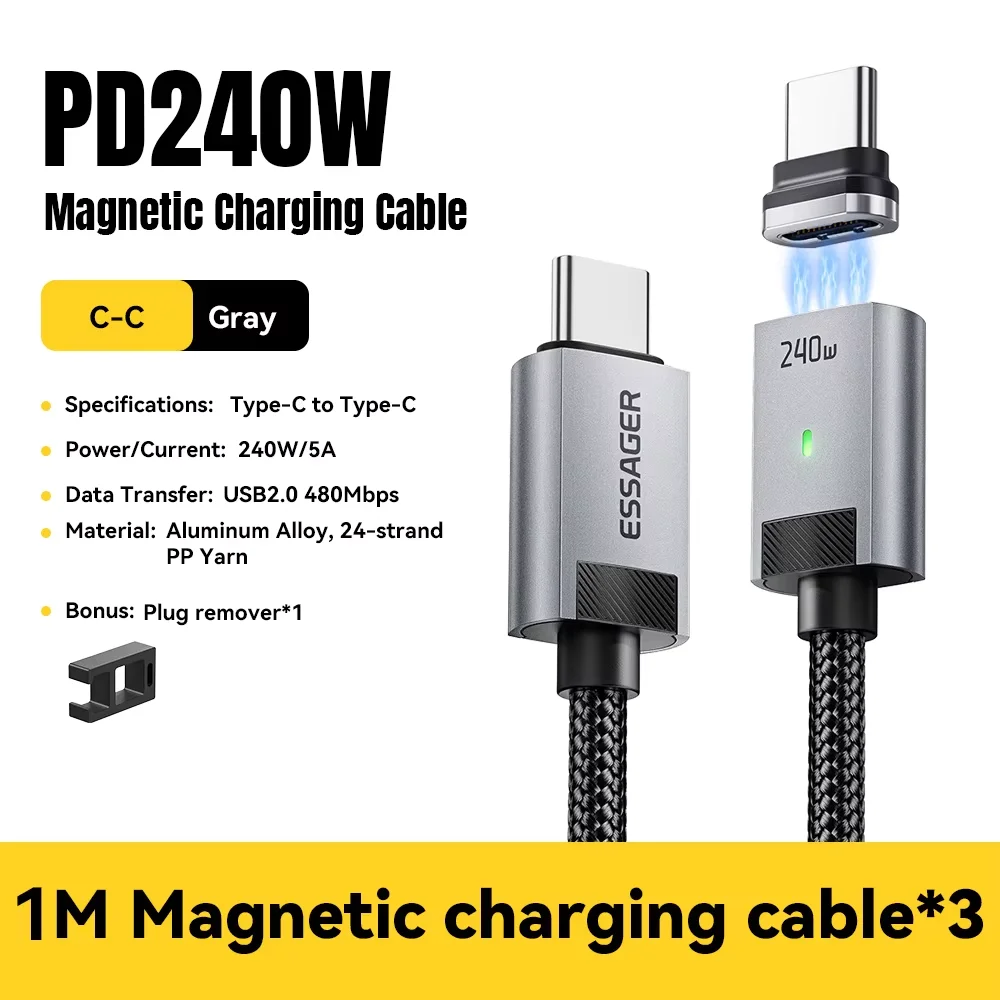 Essager 240W Magnetisches Ladekabel E-Marker USB-C auf Typ-C Kabel PD3.1 Schnellladung für iPhone 17 16 Samsung S25 iPad Laptop