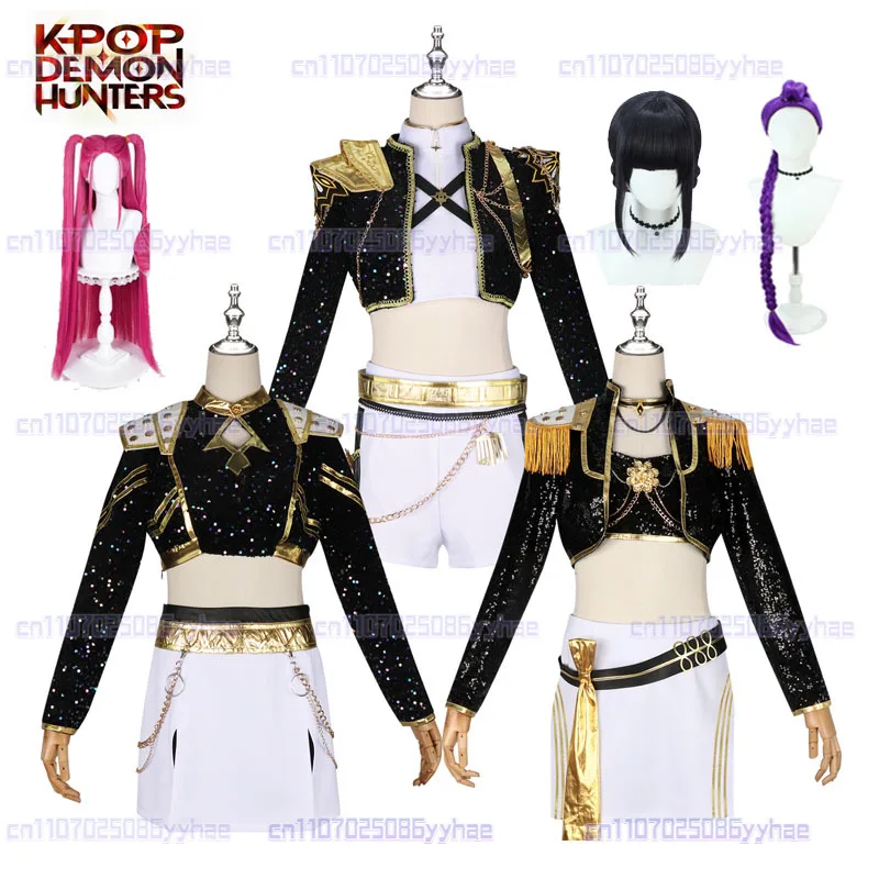Niños negro dorado Rumi Zoey Mira Cosplay Anime Huntrix disfraz peluca mujeres niñas uniforme gótico fiesta de Halloween ropa de escenario