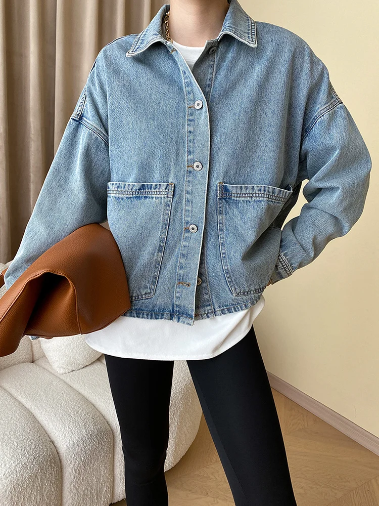 

Loose Fit Blue Pocket Big Size Denim Jacket New Lapel Long Sleeve Women Coat Fashion Tide Spring Autumn O576