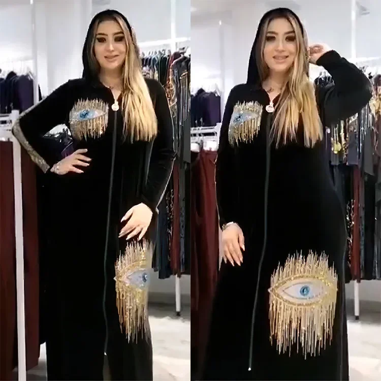 Long Sleeved Hooded Muslim Dress Dubai Abayas Casual Korean Style Kaftan Evening Dress Abayas Velvet Diamond Clothing for Women