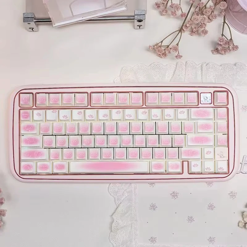 

130 Keys Side-lit Shine Through Keycaps Blush Cat Cherry Profile Dye Sub PBT Keycaps for MX Switches Mechanical Keyboard