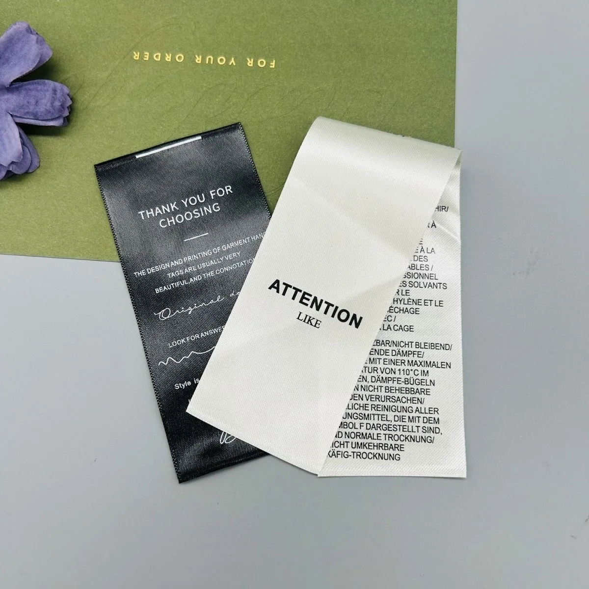 

Customized Silk/Satin Garment Care Labels Washable Woven Clothing Size Tags with White Washing Instructions Labels