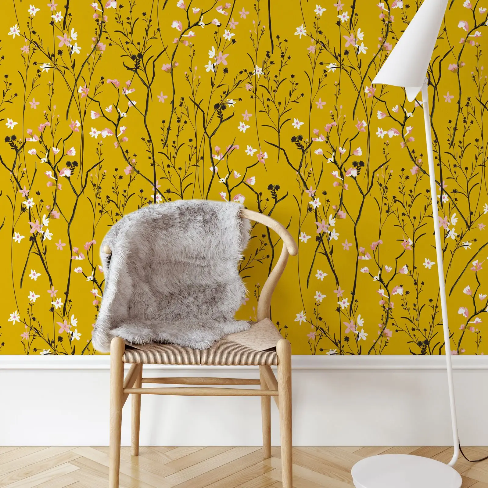 Vintage-Blumentapete zum Abziehen und Aufkleben, Wandbild mit gelbem Blumendesign zur Raumdekoration, selbstklebend oder traditionelle Tapeten