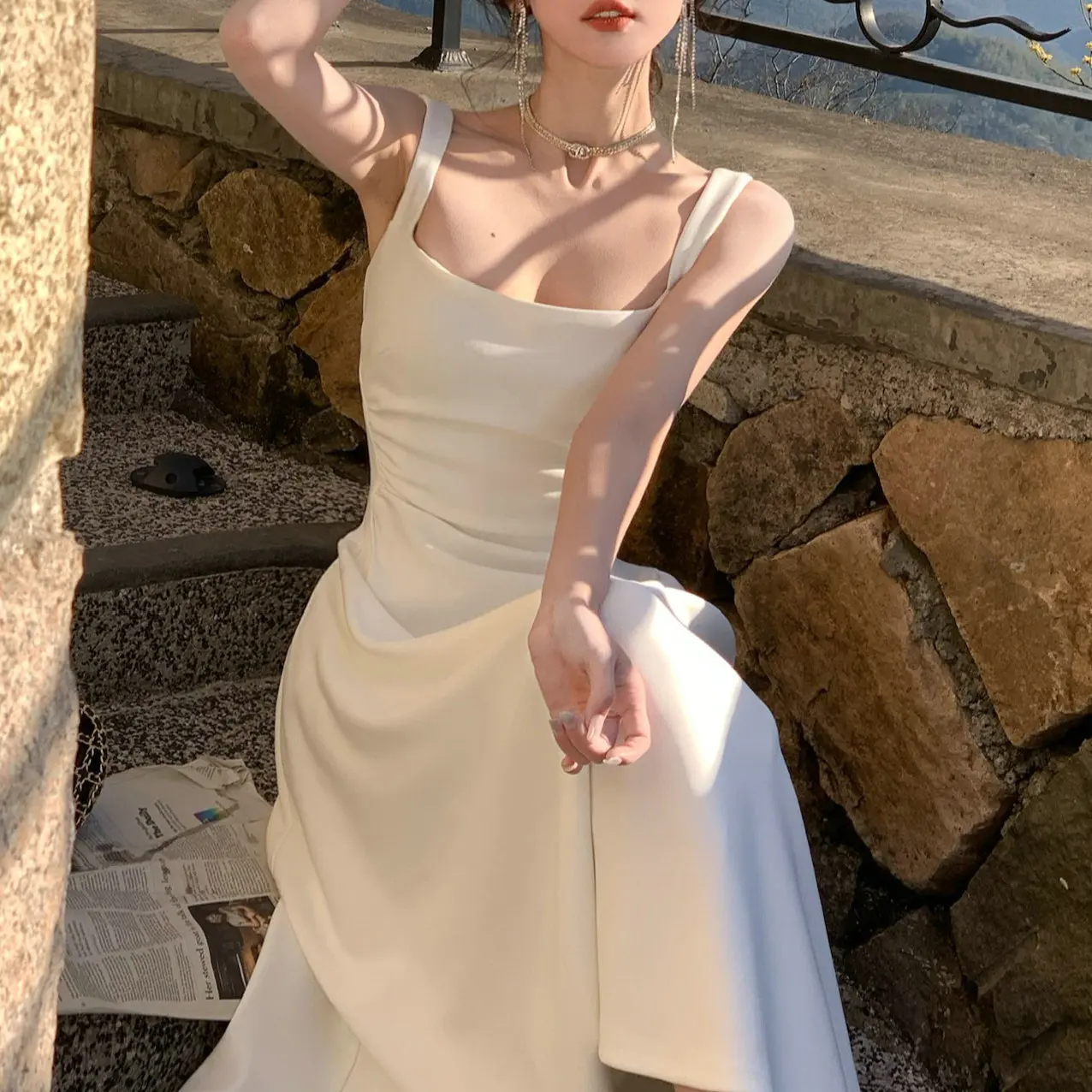 

French Slim Fit Summer Dress Korean Fashion Solid Color Square Neck Strap Dress Y2k Women Clothing