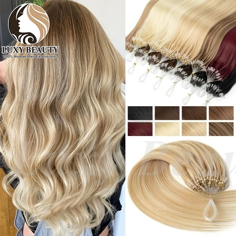 Straight Blonde Micro Loop Hair Extensions Human Hair Micro Beads Human Hair Extensions 50Strands/Pack Black Brown Blonde Hair
