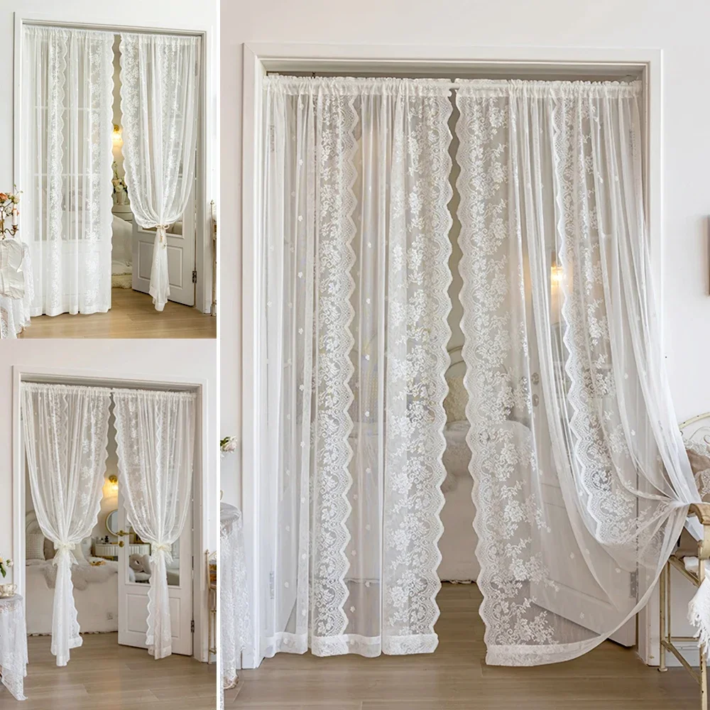 Modern White Jacquard Floral Lace Window Door Curtain Balcony Bedroom Korean Style Fresh Wedding Living Room Princess Curtain