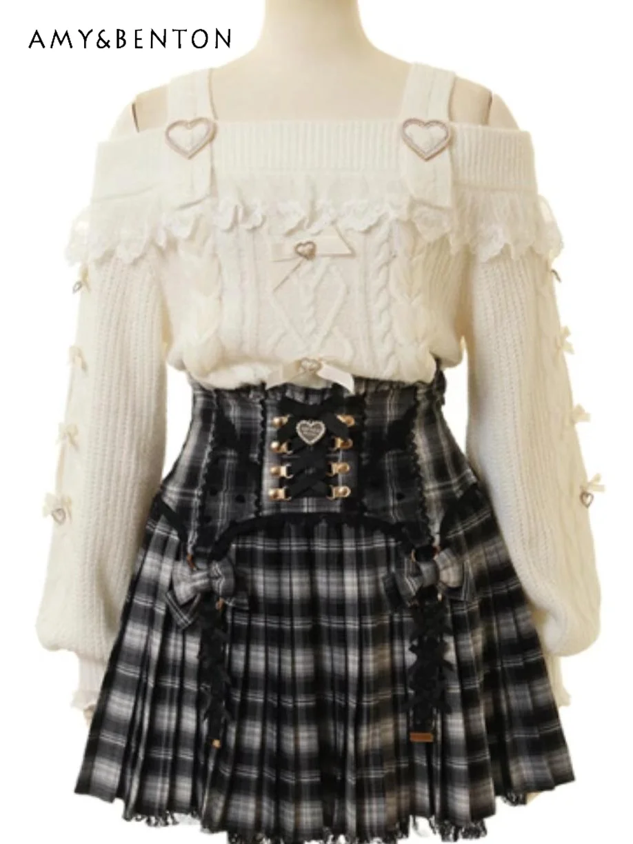 Spring Autumn New Japanese Mines Mass-produced Lolita Girl Pleated Skirt Sweet Cute Bow Love Diamond High Waist Slim Mini Skirt