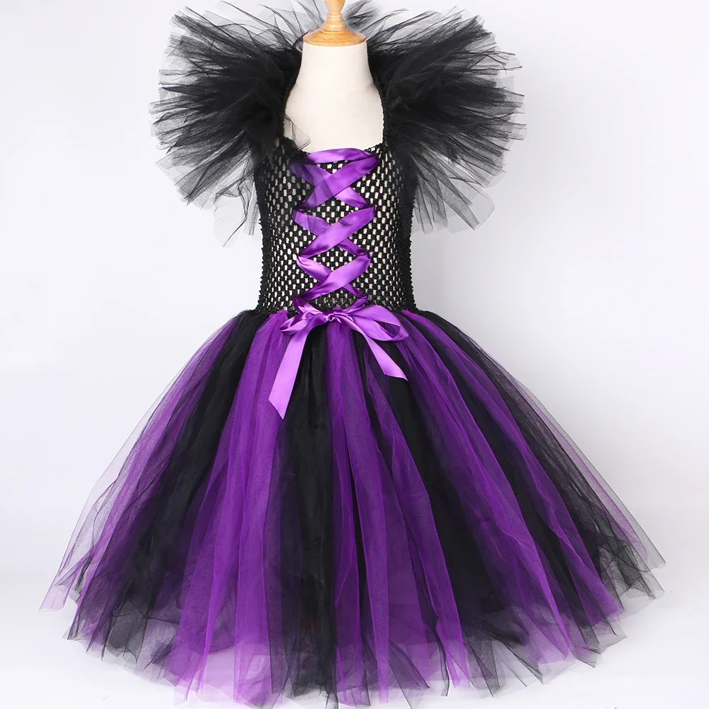 Kids Halloween Maleficent Witch Costume for Girls Fancy Evil Queen Tutu Dress Purple Black Girl Carnival Party Princess Dress Up