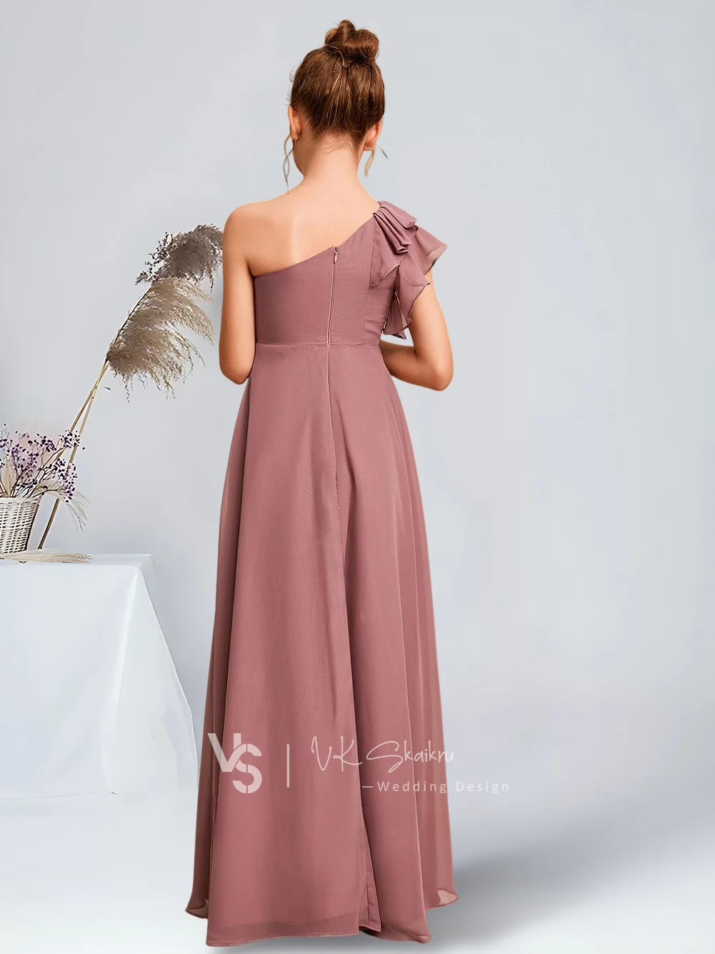 Elegante linha a um ombro até o chão chiffon júnior vestido de dama de honra deserto rosa deslumbrante vestidos da menina de flor festa de casamento