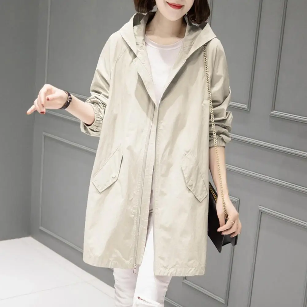 

Women Windbreaker Jacket Stylish Hooded Mid-length Overcoat for Women Zip-up Cardigan with Drawstring Pockets for Wear