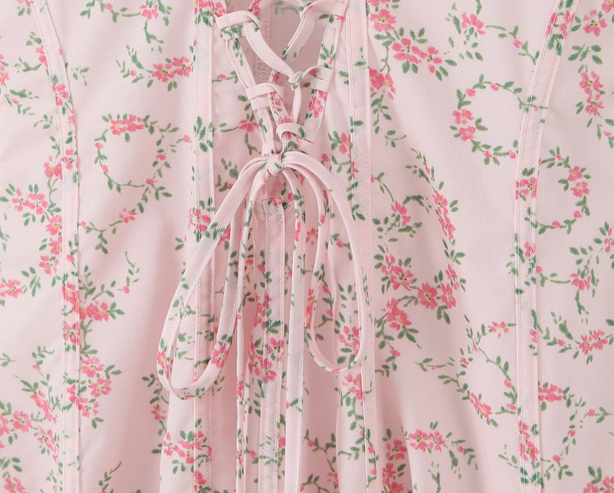 2025 Sweet Pink Floral Print Square Collar Tank Dress Women Cross Lacing up Bandage Back Swing A line Midi Long Dresses Robe