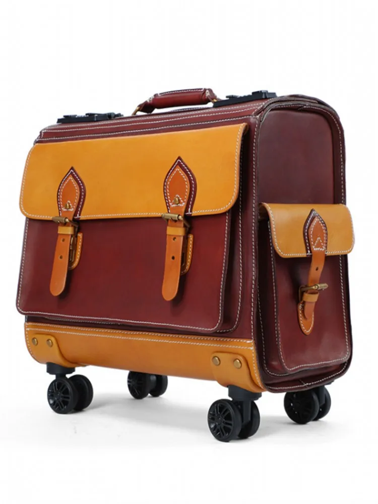 Imagem -03 - Grande Capacidade Couro Genuíno Bolsa de Viagem Universal Roda Embarque Bagagem Homens de Negócios Bolsa Vintage Unisex Suitcase Novo