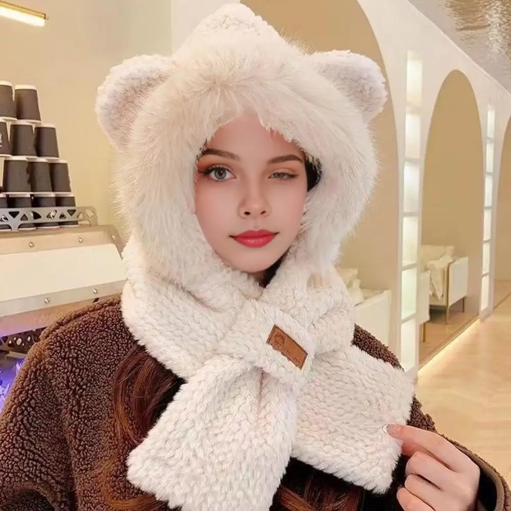 Elastic Knit Hat Winter Fleece Hat Scarf Set with Fox Ear Decor Windproof Outdoor for Women Weather for Travel