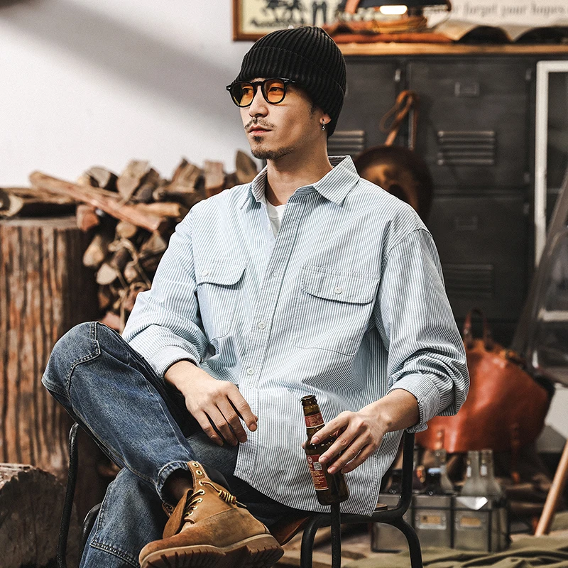 

A retro classic striped shirt for trendy men, long-sleeved Japanese-style pure cotton long-sleeved shirt