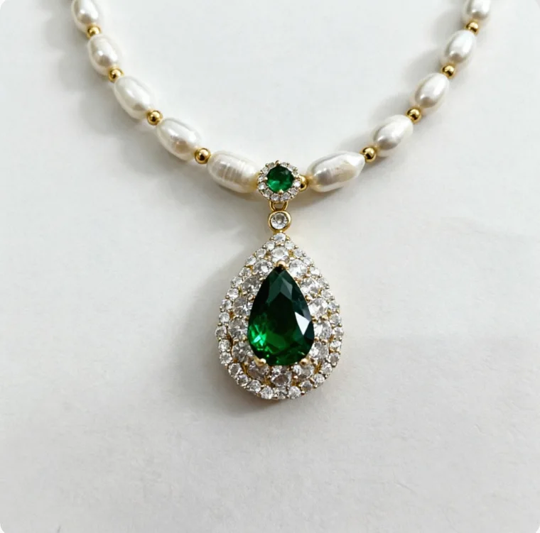 100 % natürliche Süßwasserperle und Wassertropfen-Smaragdstein, 14 Karat vergoldeter Damen-Anhänger, Halskette, Originalschmuck, Geburtstagsgeschenk – Detail 7