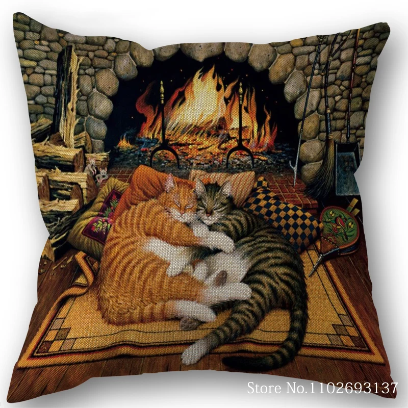 Custom Lovely Painting Cat Pattern Pillowcase Home Textile Cotton Pillow Covers Wedding Decorative Pillow Cover Square 45x45CM