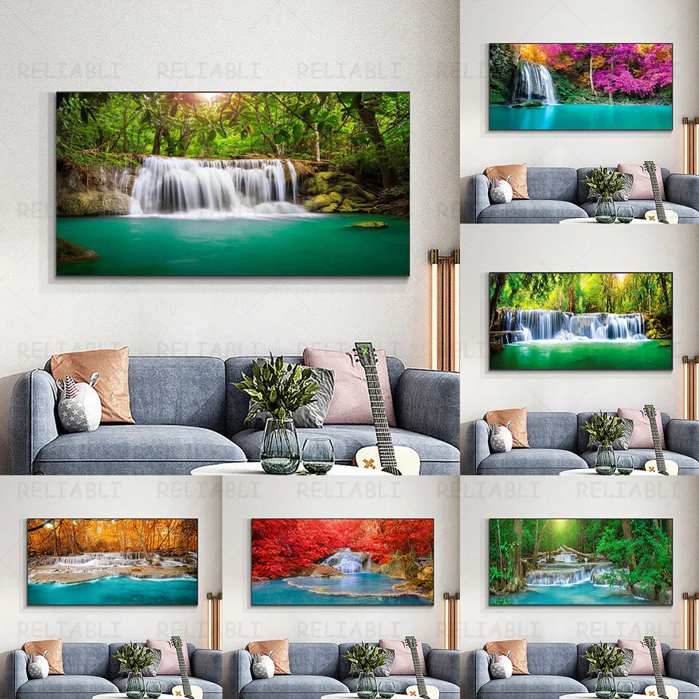 

Landscape Natural Waterfall Canvas Painting Green Tree Forest Posters and Prints Wall Art Living Room Home Decor No Frame