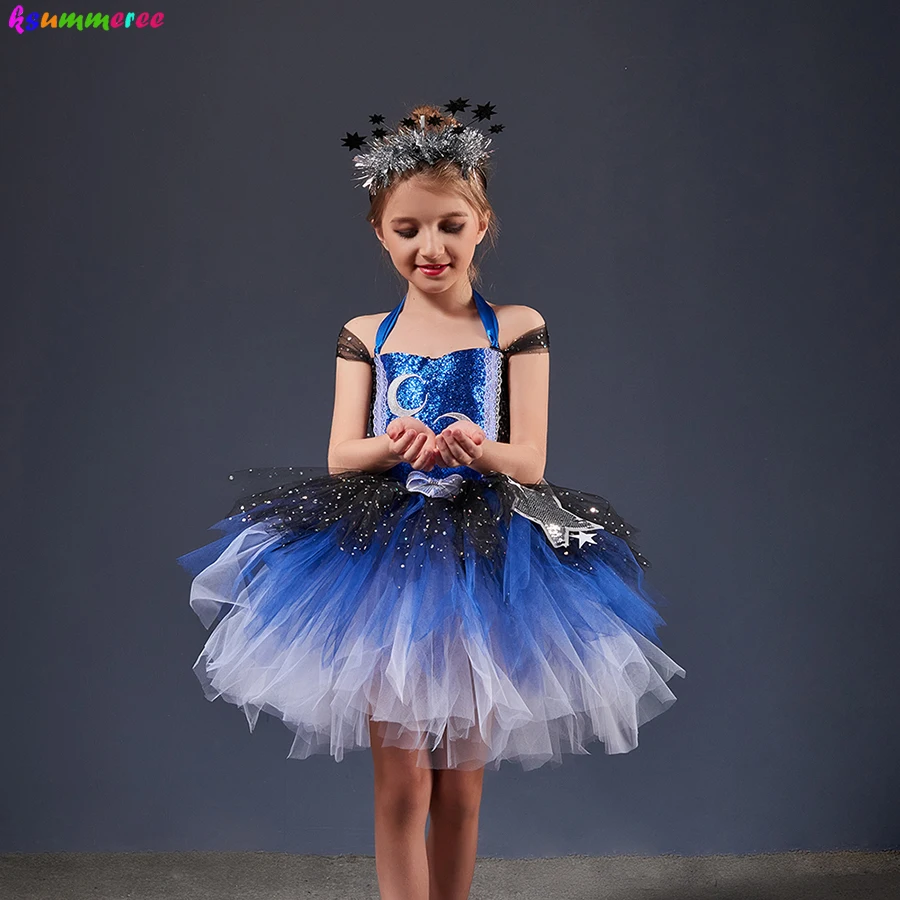 Stunning Glittering Galaxy Girls Tutu Dress Night Sky Stars Moon Kids Halloween Costume Sparkly Pageant Gala Party Ball Gown