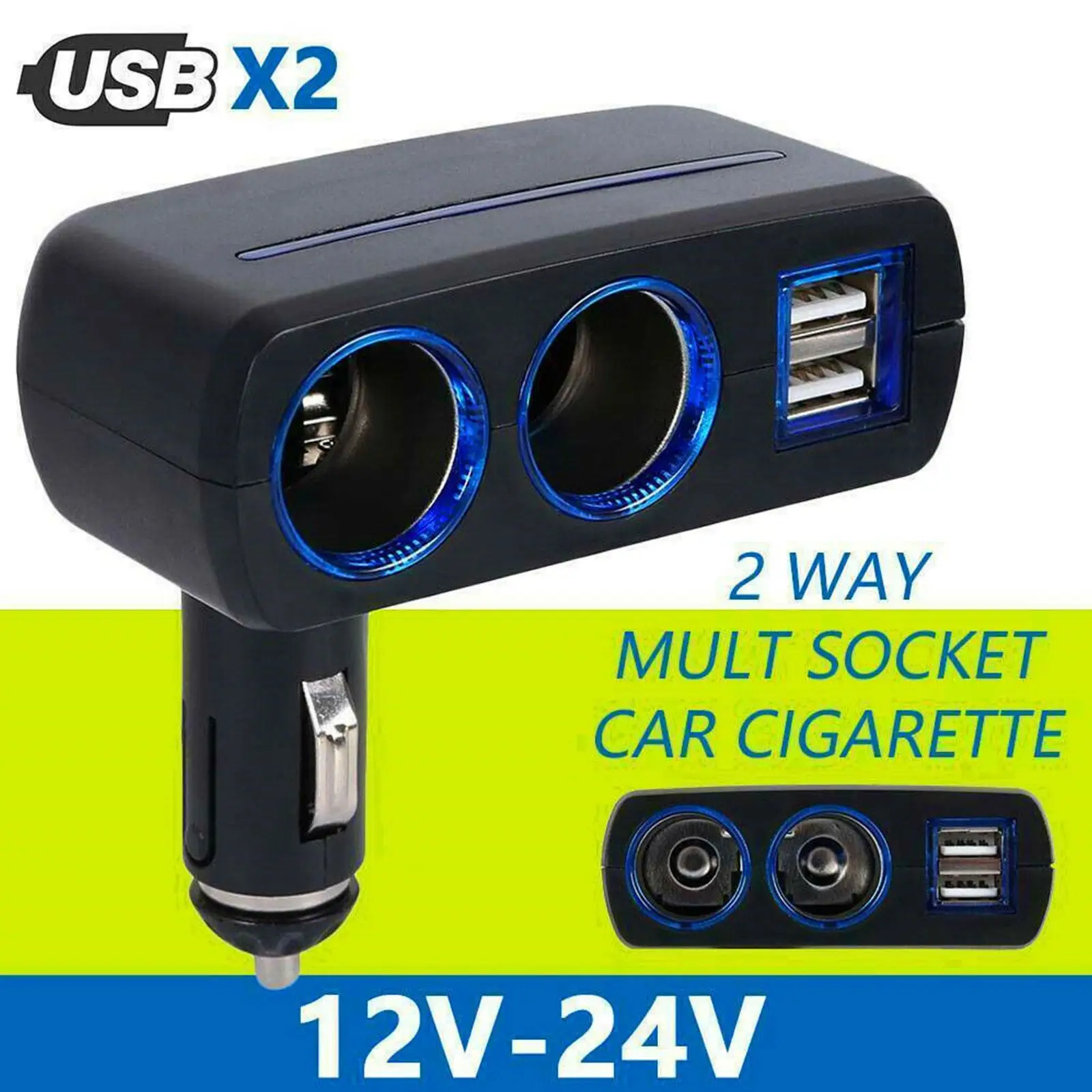 Universal Dual USB Car Charger Adapter - 12V/24V Cigarette Lighter Socket Splitter for Vehicles, Powering Multiple Devices E2P1