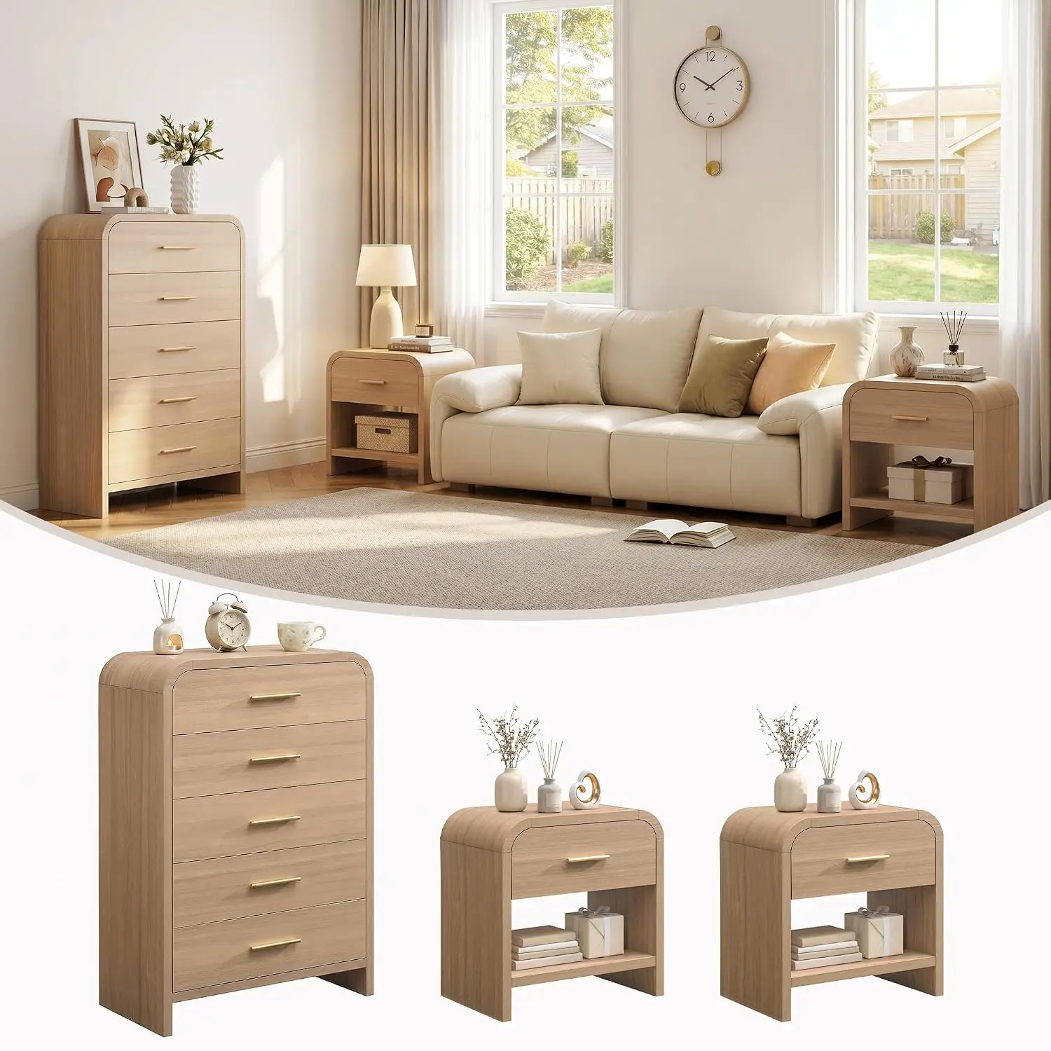 3Pcs Bedroom Furniture Set 5-Drawer Dresser & 1-Drawer Nightstands 2-Pack, Customized