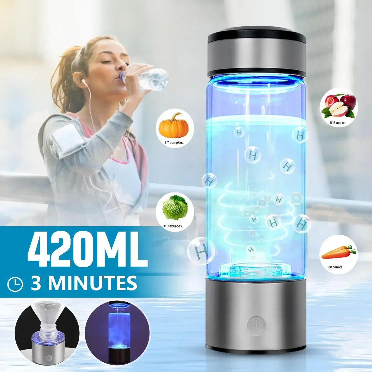 

Hydrogens-rich Water Cup Portable Water Filter Bottle 420ML 3 Minutes Electrolys Lonizer Hydrogen Water Bottle Generator