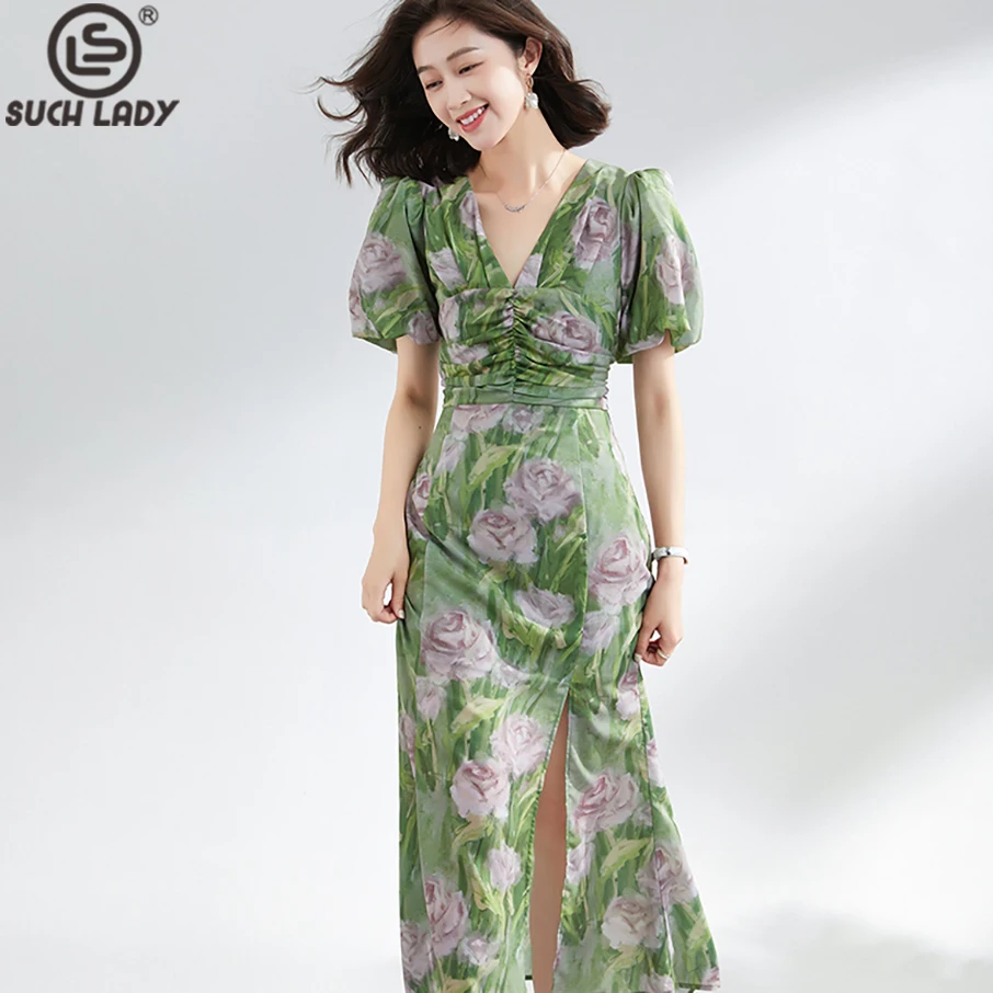 

100% Natural Silk Dress Women's V Neck Short Sleeves Printed Ruched Split Fashion Floral Mid Vestido