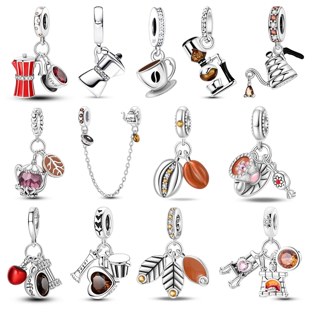 Klassischer Kaffeebohnen-Anhänger aus 925er-Sterlingsilber mit Mokkakanne, passend für Armbänder, Boutique-Halsketten, exquisite Geschenke