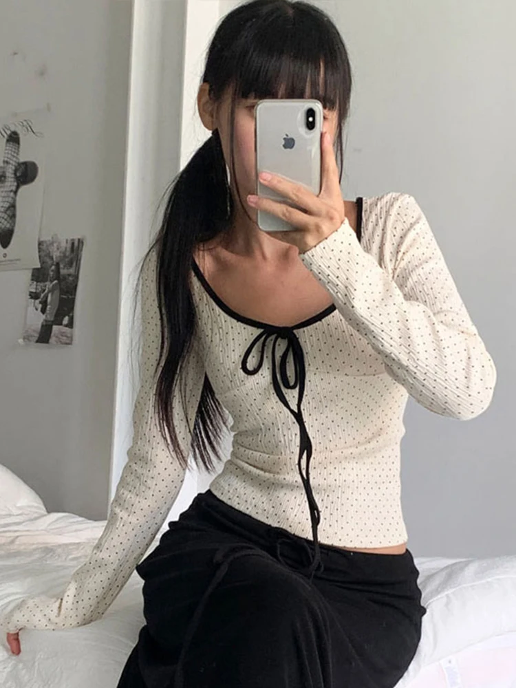 Autumn Women T-shirt New Streetwear Fashion Bandage Long Sleeves Polka Dot Print O-Neck Tees Lady Versatile Casual Slim T-shirt