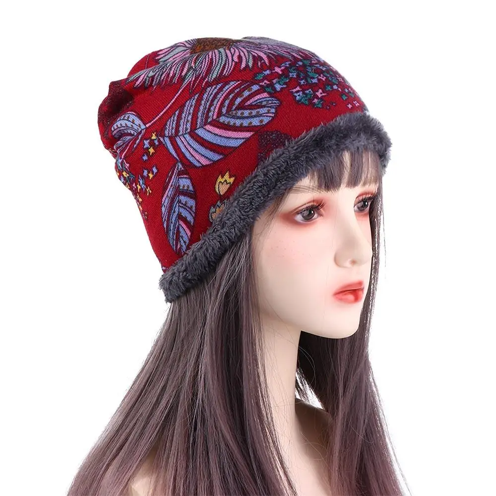 Winter Cap Autumn Print Flower Multifunctional Soft Neck Warm Velvet Bonnet Beanie Bib Hats Women Hat