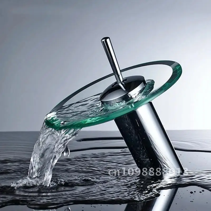 

Brass Glass Waterfall Bathroom Faucet Basin Faucet Single Dual Cold&Hot Hole Mixer Tap Single Bathroom Control Handle