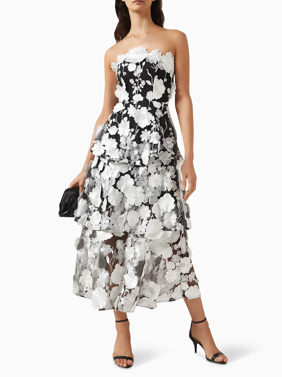 

Spring and autumn sexy chest spread heavy three-dimensional Mosaic flower design feeling flounces long cake dress