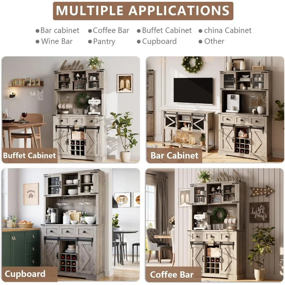 72" Farmhouse Bar Cabinet With Sliding Barn Door, Tall Kitchen Buffet With Storage Hutch And 3 Drawer, Rustic Coffee Wine Bar