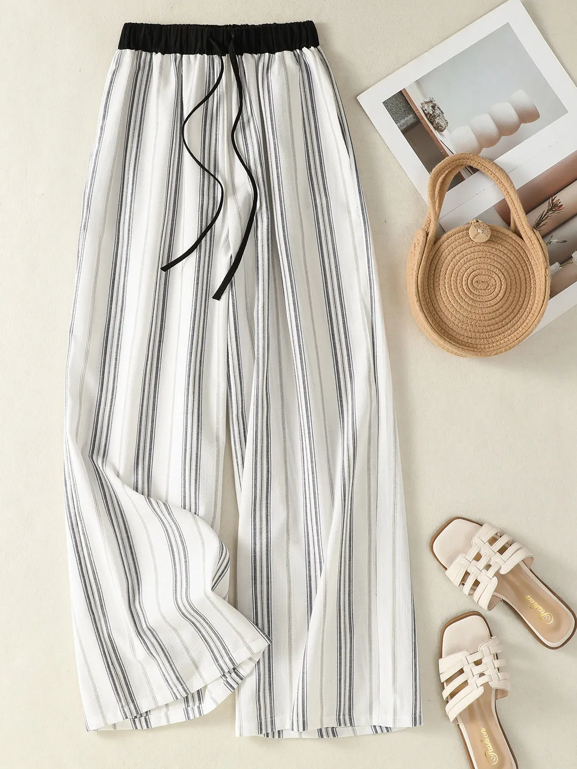 

plus Size Striped Casual Pants Women's Summer Commute Design Artistic Slimming Wide Leg Trousers High Waist Relax Fit
