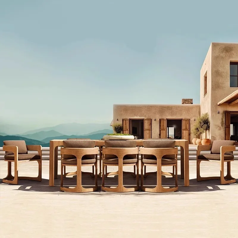

Outdoor dining table and chairs teak courtyard villa preservative wood long table leisure garden open-air outdoor homestay