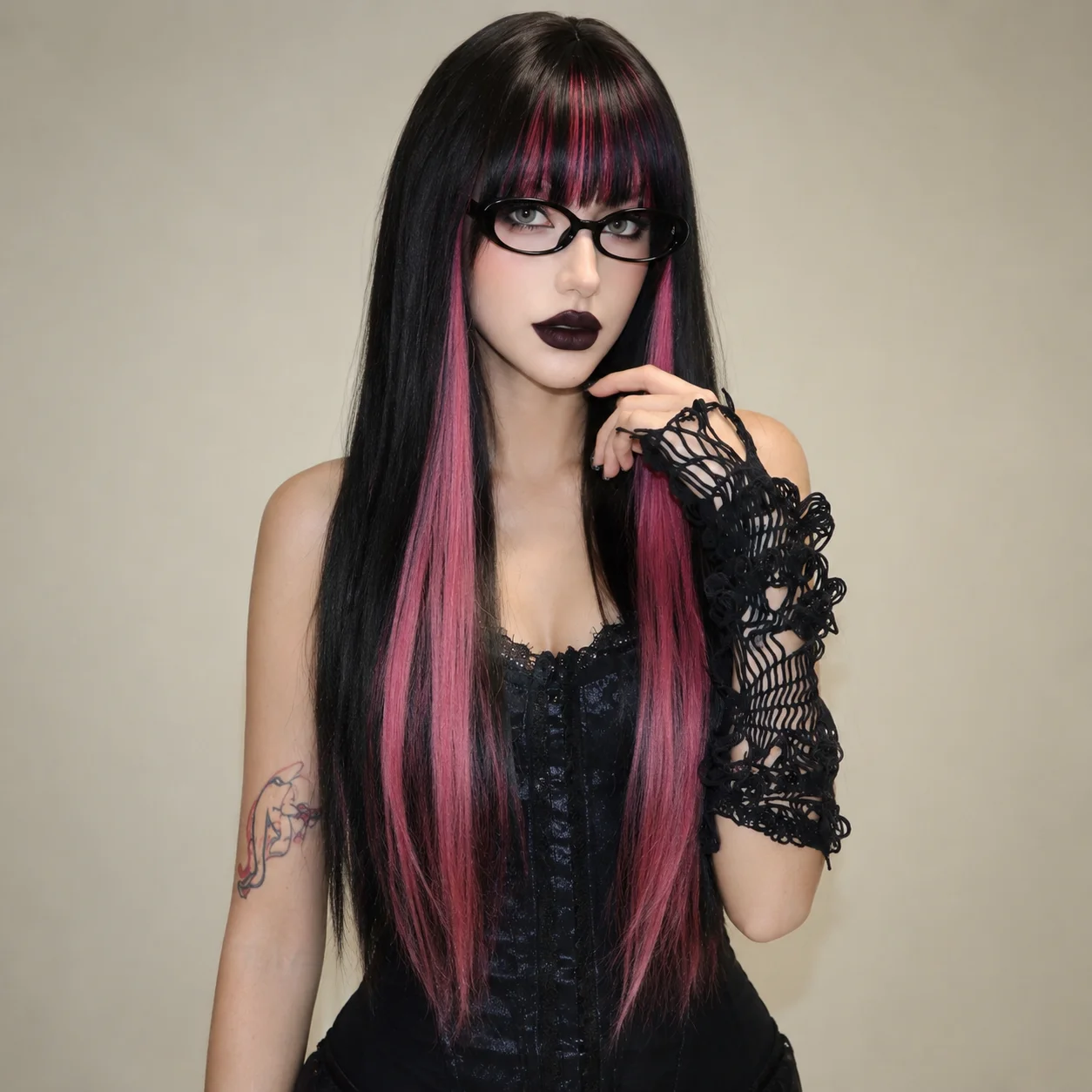 Easihair Black with Red Pink Highlight Long Straight Wig With Bangs Heat Resistant Synthetic Hair Gothic Halloween Cosplay Wigs - view 2