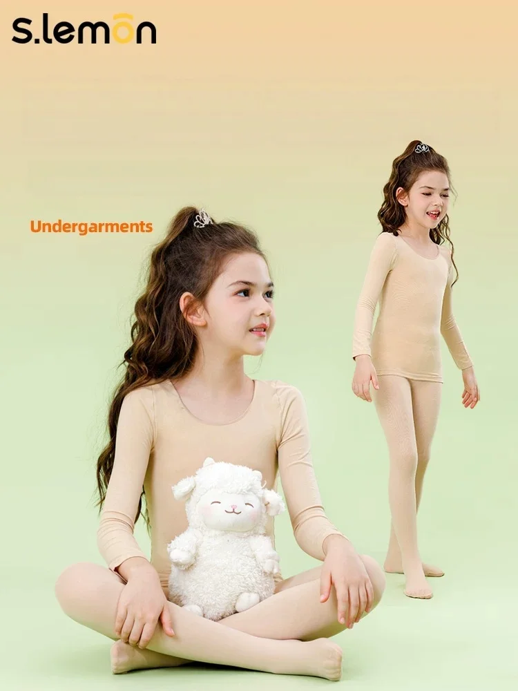 Kids Nude Dance Base Set Girls Thermal Underwear Set Thin Warm Invisible Top and Pant Autumn Winter Ballet Training Inner Outfit