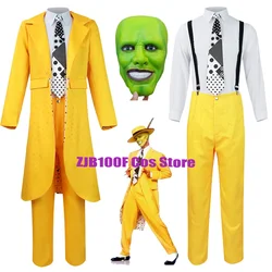 Carrey-uniforme de Cosplay de Anime para hombre, traje amarillo de sombrero de gabardina, traje de Halloween, fiesta de carnaval, trajes de payaso Jim, Máscara