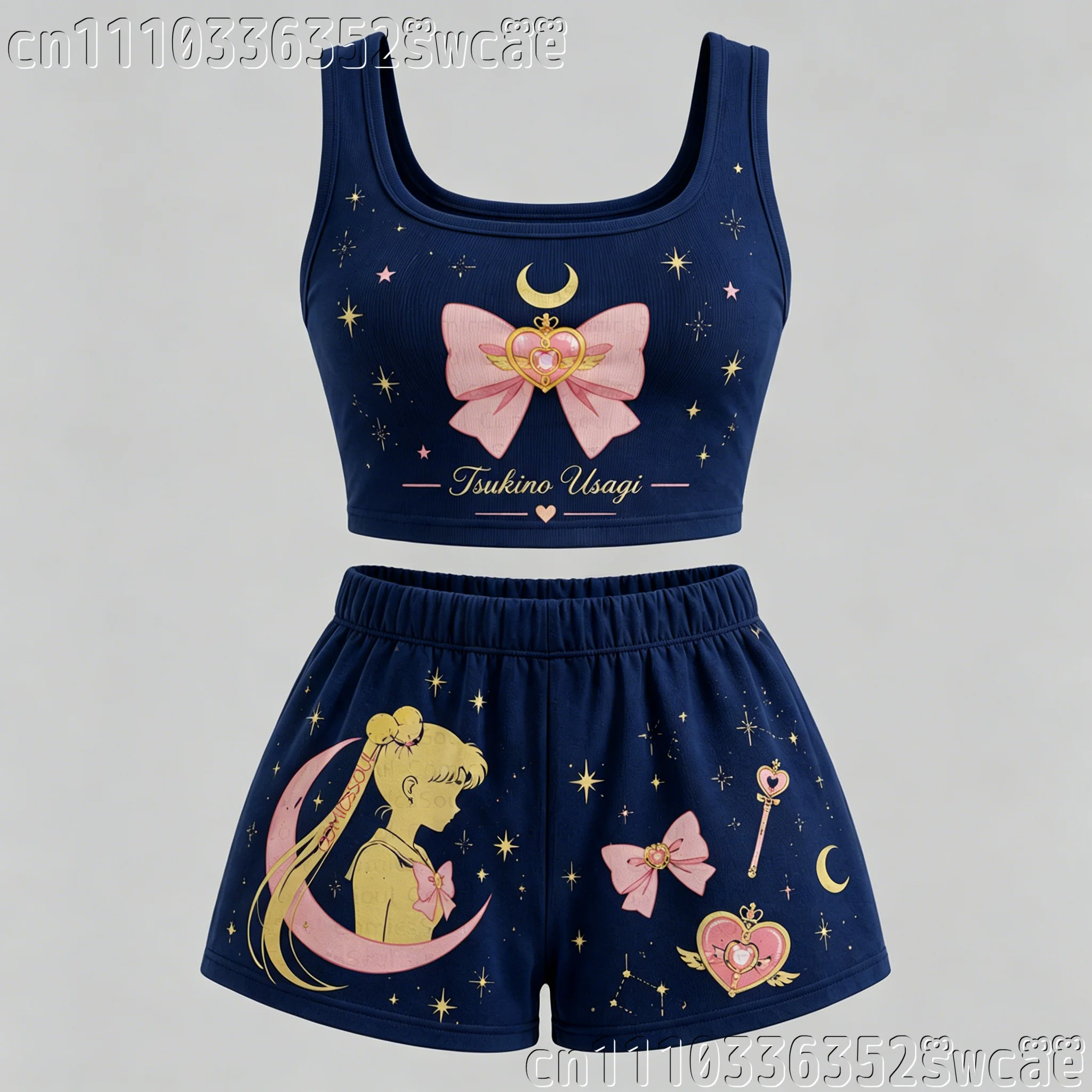 Sailor Moon Anime 2 Piece Outfit Women Crop Tank Top and Shorts Set Unisex Casual Streetwear Cartoon Tracksuit FamilyMatching