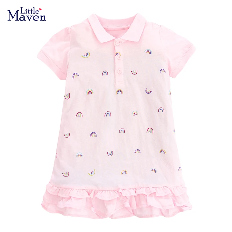 Little Maven 2024 Mädchen Polo Kleider Sommer Kinder Baumwolle Kleidung Rosa Regenbogen Druck Baby Mädchen Casual Kleid