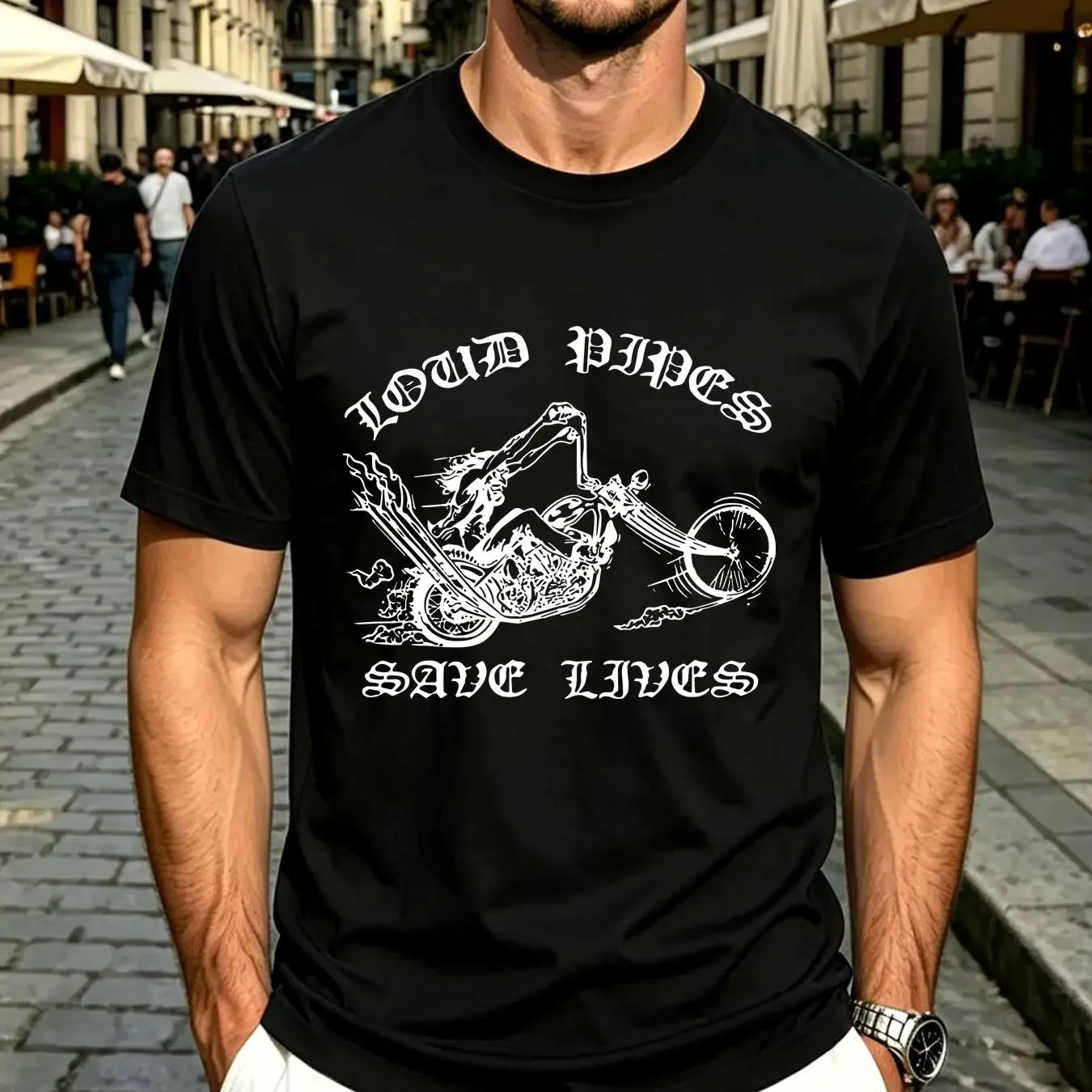 washed T Shirt Loud Pipes Save Lives Motorcycle Biker Chopper black printed OZ9132 vintage Washed Slightly Stretched