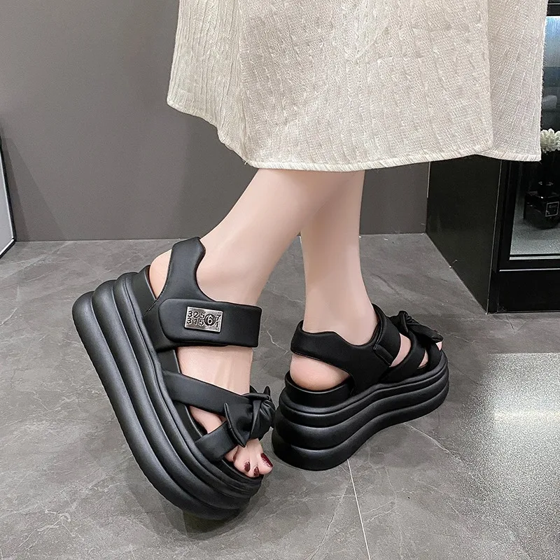 High Platform Sandals Women 2024 Summer Breathable 8CM High Heels Ladies Leather Sneakers Wedges Chunky Slippers Sandalias Mujer