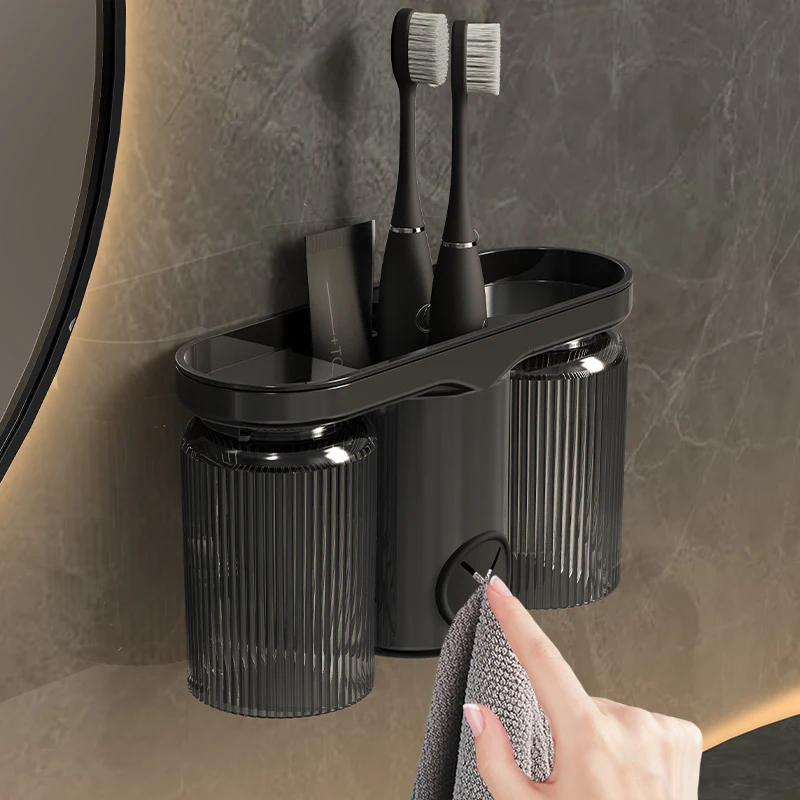 Wall Mounted Double Cup Non Perforated Dental Cup, Toothpaste Towel Storage Rack, Mouthwash Cup, Suitable For Bathrooms