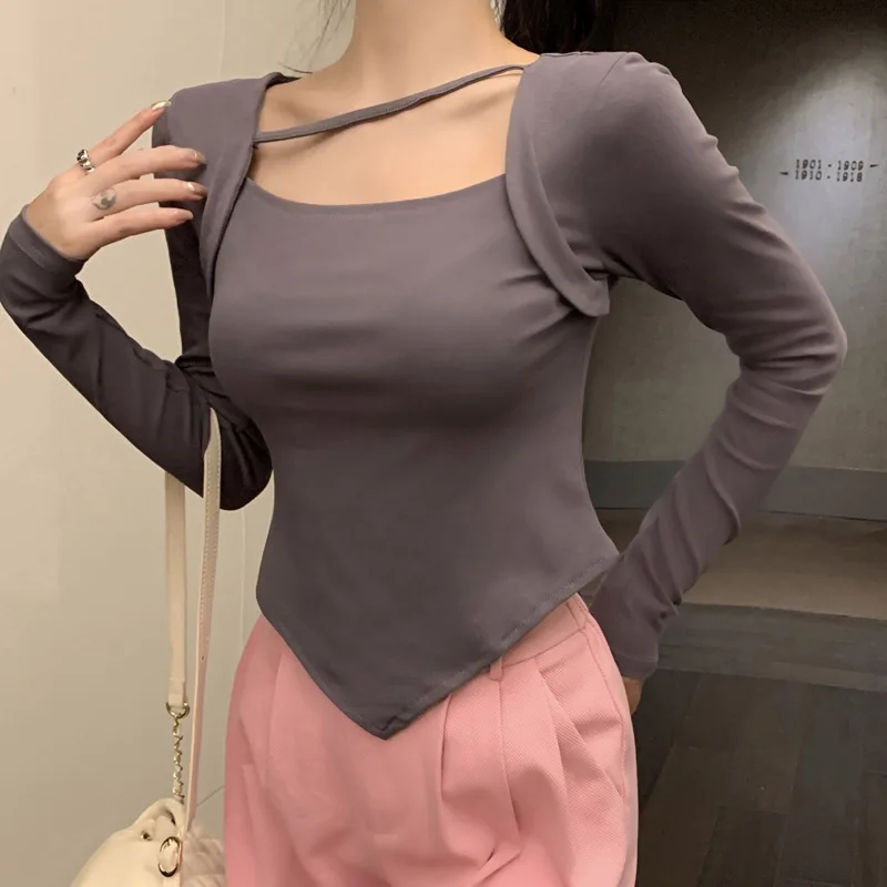 

Arazooyi Slim Women Skew Collar Tees Normcore Chic Solid Fashion Mujer New Winter Office Lady High Street Bottoming T-Shirts