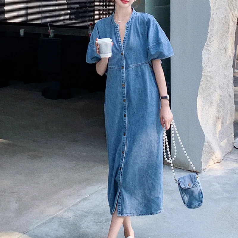 

2026 New Hong Kong Retro Mid Long Denim Dress Summer Women Loose Casual Straight Long Dress Daily Fashion All Match Streetwear