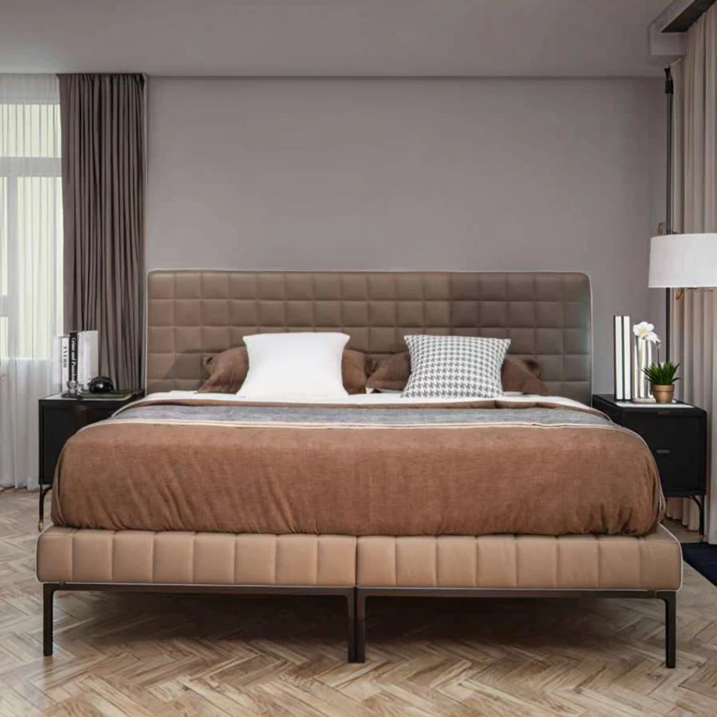 Nordic Minimalist Luxury Double Bed Set King Size Wide Headboard Soft Upholstered Beds Genuine Leather Fabric for Hotel Bedrooms