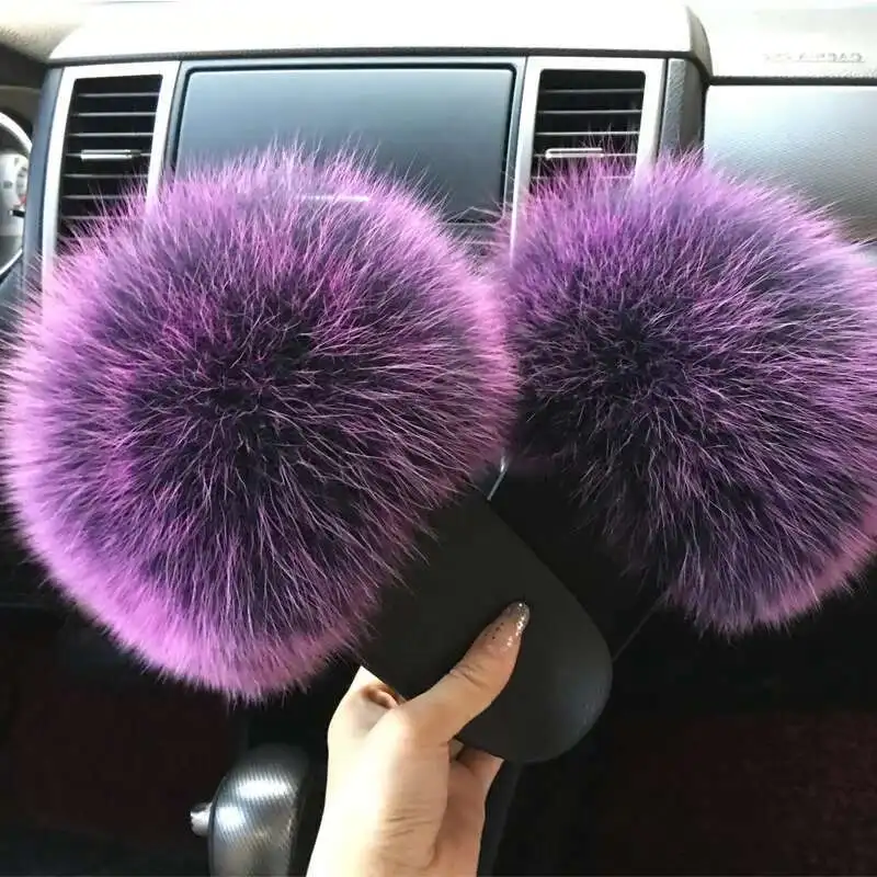 Summer Fluffy Fox Fur Slides For Women Designer Luxury Cute Plush Real Fur Slippers Female Furry Sandals Home Flats Wholesale