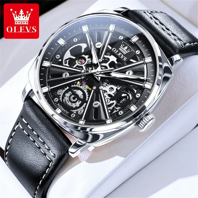 

Olevs 6685 automatic watch men golden skeleton stainless steel waterproof leather strap Sports men's mechanical wristwatches