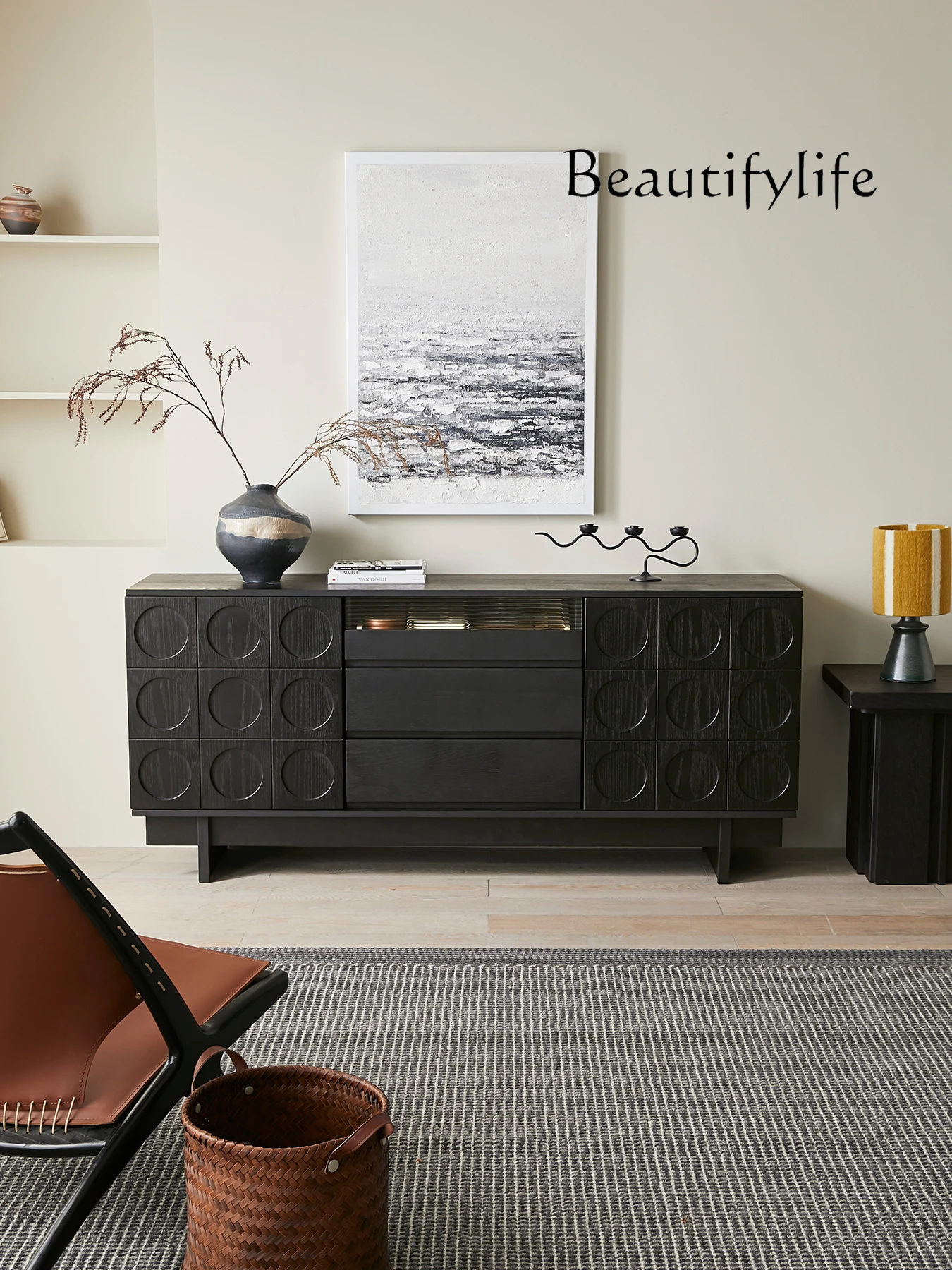 

Solid Wood Sideboard Living Room Wall Storage Cabinet Black Cabinet Locker Home Retro