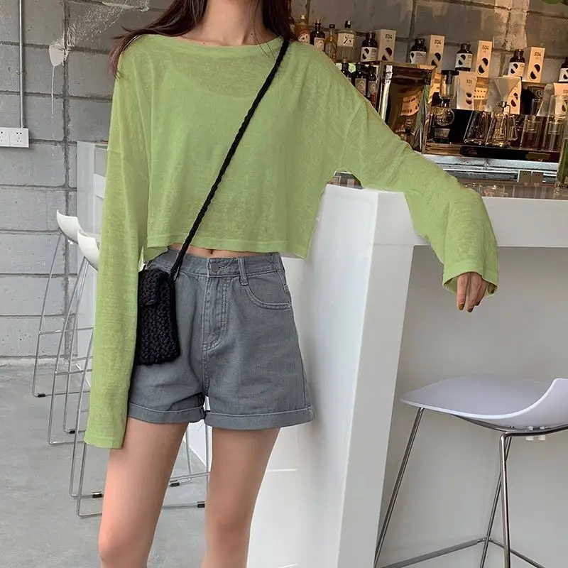 Thin Loose Hollow Out Sexy Tops Summer New Long Sleeve Solid Loose Simplicity Casual Short T Shirts Fashion Korean Women Clothes