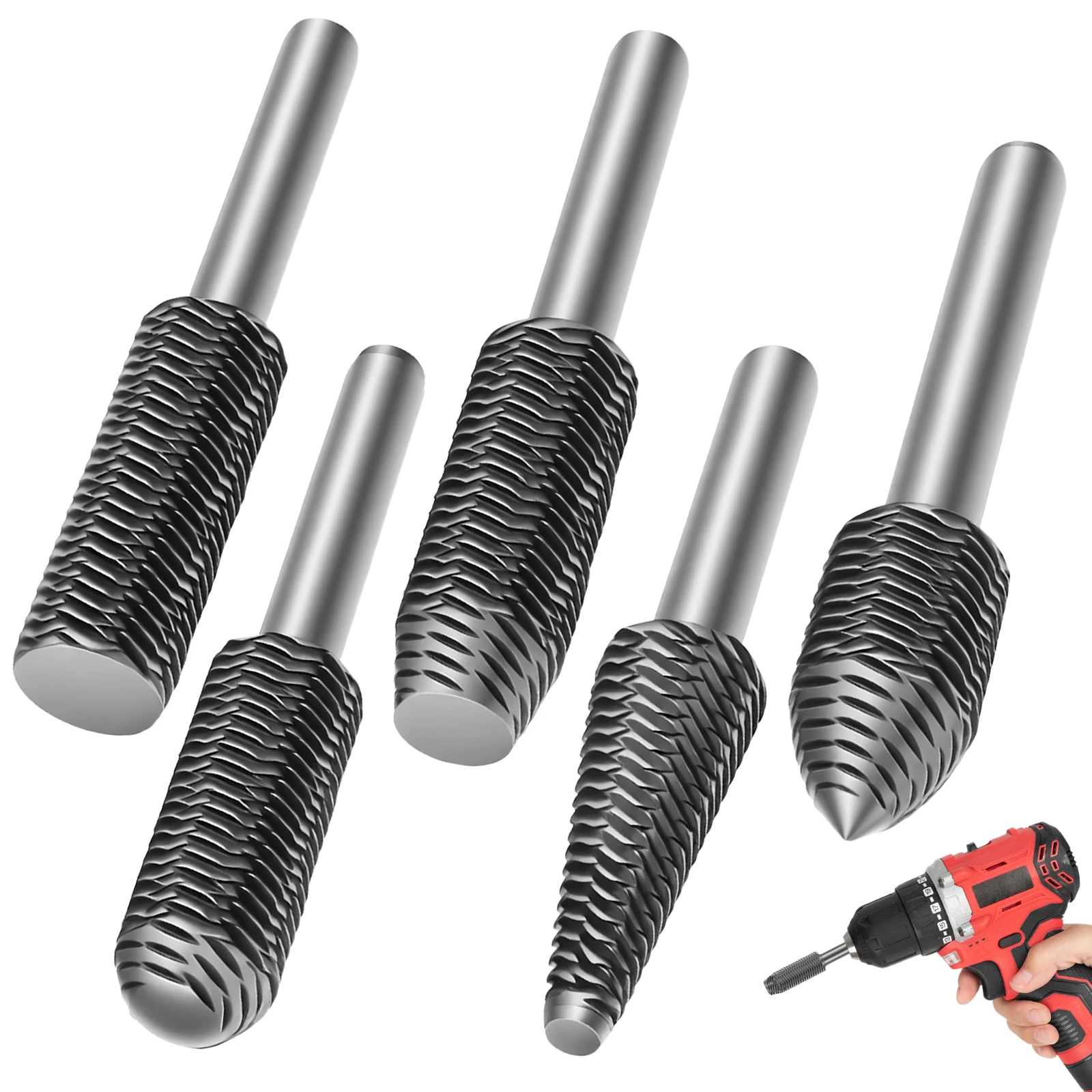 5Pcs Rotary Burr Set Die Grinder Electric Steel File Bits Rotary Rasp File Set High Carbon Steel Grinding Head Kit for Deburring